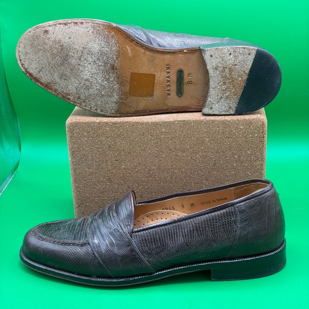 Magnanni Raul Lizard Skin Penny Loafers Mens 8M Black Dress Shoe Spain Made 8863